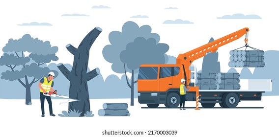 A worker prepares firewood with a chainsaw and loads it into a truck. Vector illustration.