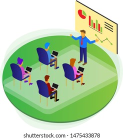 Worker Presentation Isometric Modern Illustration Vector with Graphs, Man and Woman Sitting 