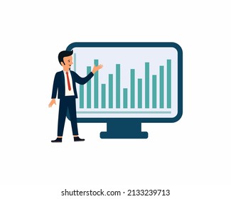 Worker presenting financial infographic on monitor of computer.flat design illustration
