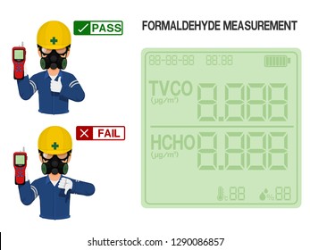 Worker Is Presenting Result(pass And Fail) Of Formaldehyde Measurement.On The Display Screen Of Formaldehyde Detector Can Be Assigned Number Easily.