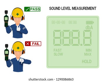 Worker Is Presenting Result(pass And Fail) Of Sound Level Measurement.On The Display Screen Of Sound Level Meter Can Be Assigned Number Easily.