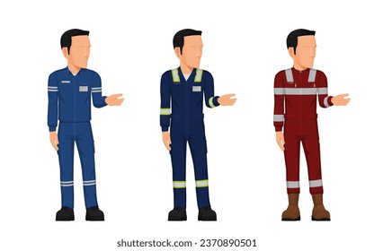 worker is presenting something beside on white background