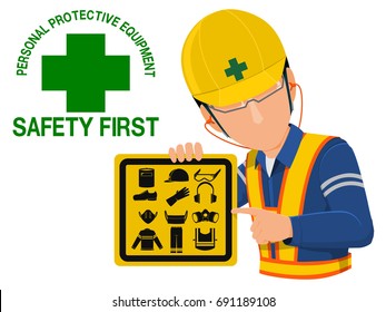 Worker is presenting warning sign about PPE
