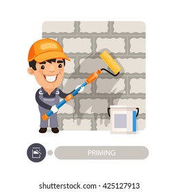 Worker priming wall. Cartoon character. Isolated on white background. Clipping paths included.