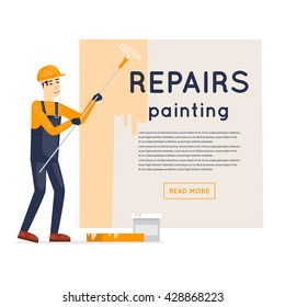 Worker priming wall. Repair, construction, painting. Character. Flat style vector illustration.