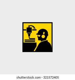 Trabajador en planta de producción trabajando con el icono del vector de impresora 3D

