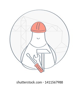 Worker and professional builder with tools, mechanic, contractor repairman, engineer, foreman handyman or construction specialist concept. Flat outline character vector illustration on white.