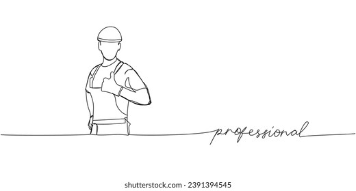 Trabajador, profesional, jefe de equipo, creador de una línea de arte. Dibujo continuo de línea de reparación, profesional, mano, persona, concepto, mantenimiento con inscripción, letras, manuscrito.