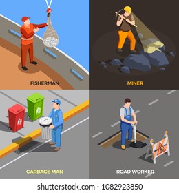 Worker professions isometric 2x2 design concept with modern urban job compositions with human characters and text vector illustration