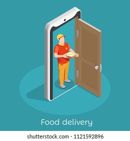 Worker professions isometric composition with food delivery man in uniform with interior door on smartphone screen vector illustration