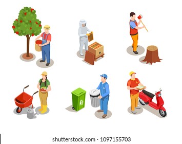 Worker professions isometric compositions set with human characters of people modern jobs and pieces of equipment vector illustration