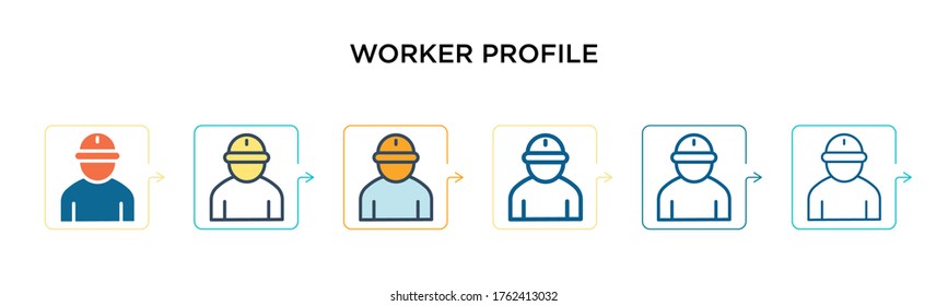 Worker profile vector icon in 6 different modern styles. Black, two colored worker profile icons designed in filled, outline, line and stroke style. Vector illustration can be used for web, mobile,