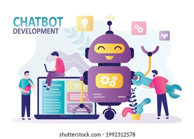 Worker programs chatbot through laptop. Development team adjusts and improves robot interface. Concept of customize artificial intelligence. Man with wrench repairs a bot. Flat vector illustration