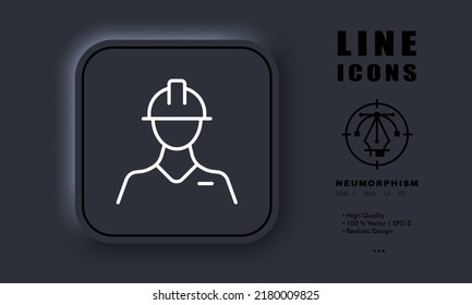Worker in protective helmet line icon. Builder, build, house, repair, fix, work, occupation, site. Construction concept. Neomorphism style. Vector line icon for Business and Advertising.