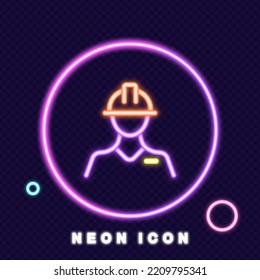 Worker in protective helmet line icon. Builder, engineer, work, protect body part, constructor, preventive measure. Technology concept. Neon glow style. Vector line icon for Business and Advertising.