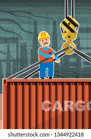 A worker in a protective helmet stands on the roof of a cargo container suspended from a crane and manages the loading. Vector illustration