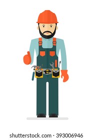 Worker in protective overalls with tool belt. Conceptual image of work wear.Cartoon flat vector illustration. Objects isolated on a background. 