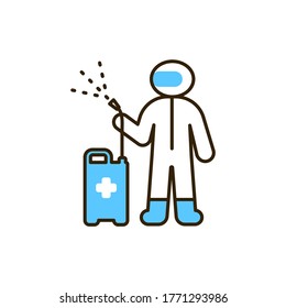 Worker in protective suit with disinfector sprayer color line icon. Protect from viruses. Cleaning service. Pictogram for web, mobile app, promo. UI UX design element.