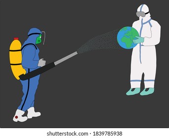 A worker in a protective suit disinfects the earth, held by the medical worker. Isolated on a gray background. Save the world