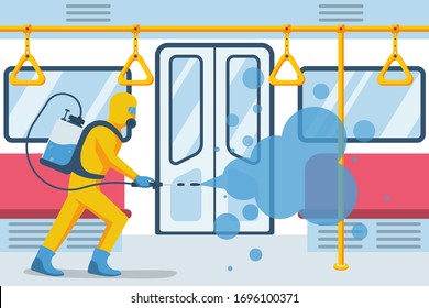 Worker in protective suit disinfects empty subway car. City public transport. Vector illustration flat design. Stop covid-19. Prevention coronavirus. Disinfection and cleaning. Antibacterial washing.