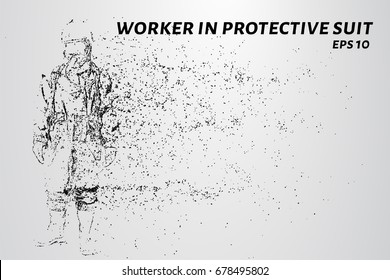 Worker in a protective suit of the particles. Worker in protective suit consists of circles and points. Vector illustration