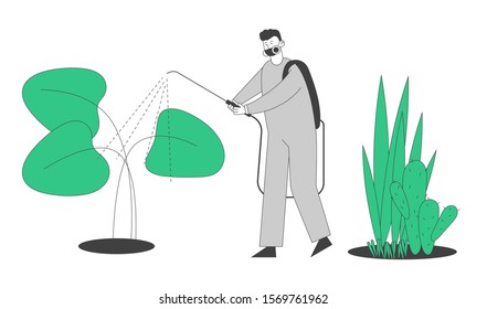 Worker in Protective Suit Spraying Fertilizers in Greenhouse. People Growing, Planting and Caring of Plants in Garden. Agriculture Farming Industry Hobby. Cartoon Flat Vector Illustration, Line Art