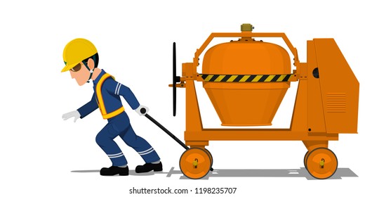 A worker is pulling the concrete mixer on transparent background