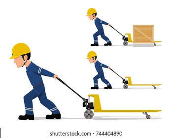 A worker is pulling the pallet truck on transparent background
