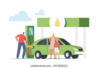 Worker Pumping Eco Petrol, Gasoline For Charging Auto To Woman With Child. Character Refueling Car With Biofuel On Station. Vehicle Filling Service Gas Or Biodiesel. Cartoon People Vector Illustration