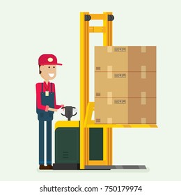 Worker pushing a fork pallet truck stacker with boxes on pallet. illustration vector