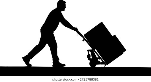 Trabajador que empuja el camión de mano con el icono de las cajas para el contenido del diseño del trabajo, de la entrega, del transporte, de la logística, del almacén, y de la manipulación manual