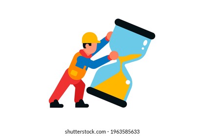 Worker pushing an hourglass. Builder and hourglass. Sand, hours, time. Isolated vector illustration on white background.