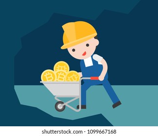 Worker pushing a money cart of bitcoin, cryptocurrency mining concept