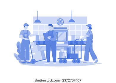 Concepto de ilustración del carrito de paquetes de apretón de trabajadores en fondo blanco