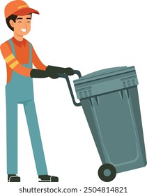 Worker pushing trash can. Garbage cleaning service