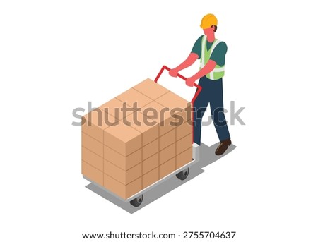 Worker pushing trolley containing carboard box stack. Simple flat illustration in isometric view.