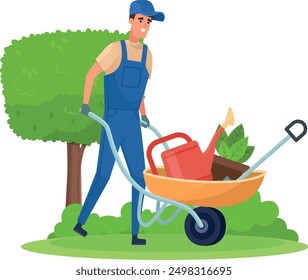 Worker pushing wheelbarrow with garden tools. Farm equipment isolated on white background