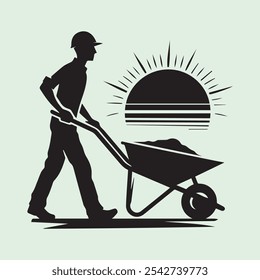 Worker Pushing Wheelbarrow silhouette vector icon black and white