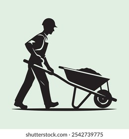 Worker Pushing Wheelbarrow silhouette vector icon black and white
