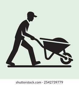 Worker Pushing Wheelbarrow silhouette vector icon black and white