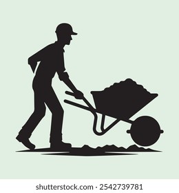 Worker Pushing Wheelbarrow silhouette vector icon black and white