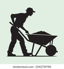 Worker Pushing Wheelbarrow silhouette vector icon black and white