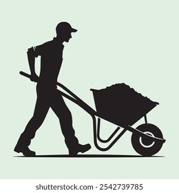 Worker Pushing Wheelbarrow silhouette vector icon black and white