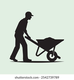 Worker Pushing Wheelbarrow silhouette vector icon black and white