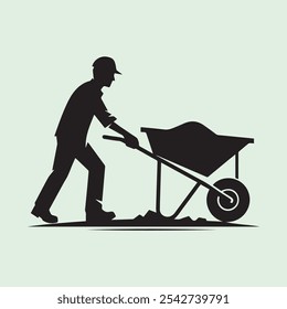 Worker Pushing Wheelbarrow silhouette vector icon black and white