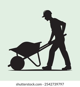 Worker Pushing Wheelbarrow silhouette vector icon black and white