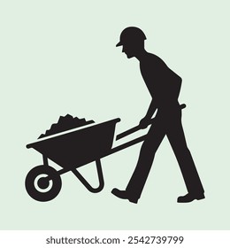 Worker Pushing Wheelbarrow silhouette vector icon black and white
