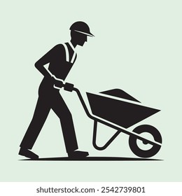 Worker Pushing Wheelbarrow silhouette vector icon black and white