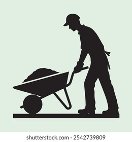 Worker Pushing Wheelbarrow silhouette vector icon black and white