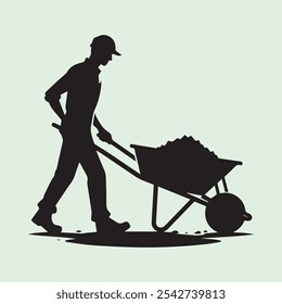 Worker Pushing Wheelbarrow silhouette vector icon black and white